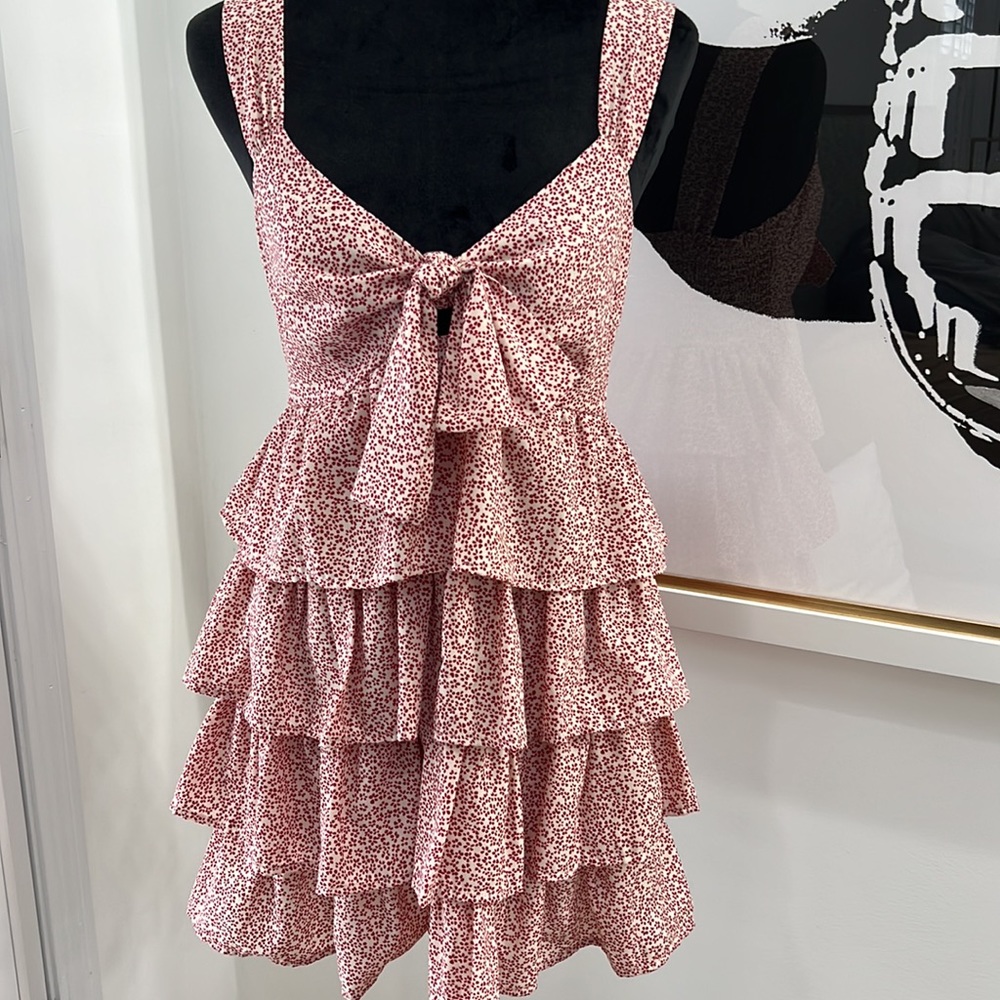 The Impeccable Pig Mauve and Cream Ruffled Tiered Dress, Size S - Picture 3 of 11